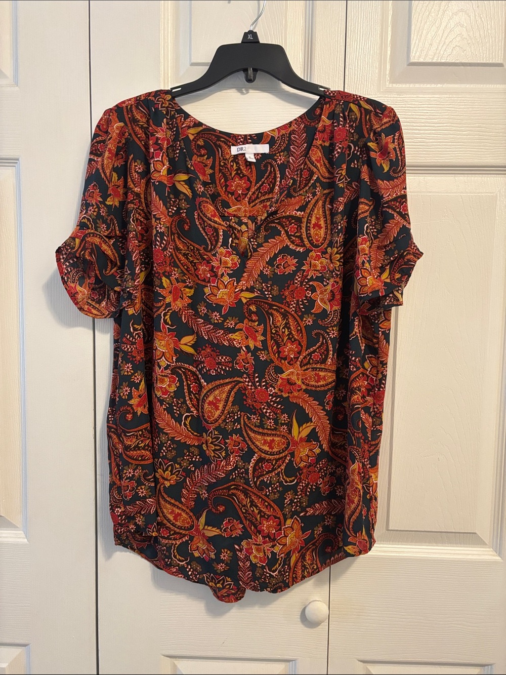 DR2 Black Blouse with Red and Orange Paisley Floral Print